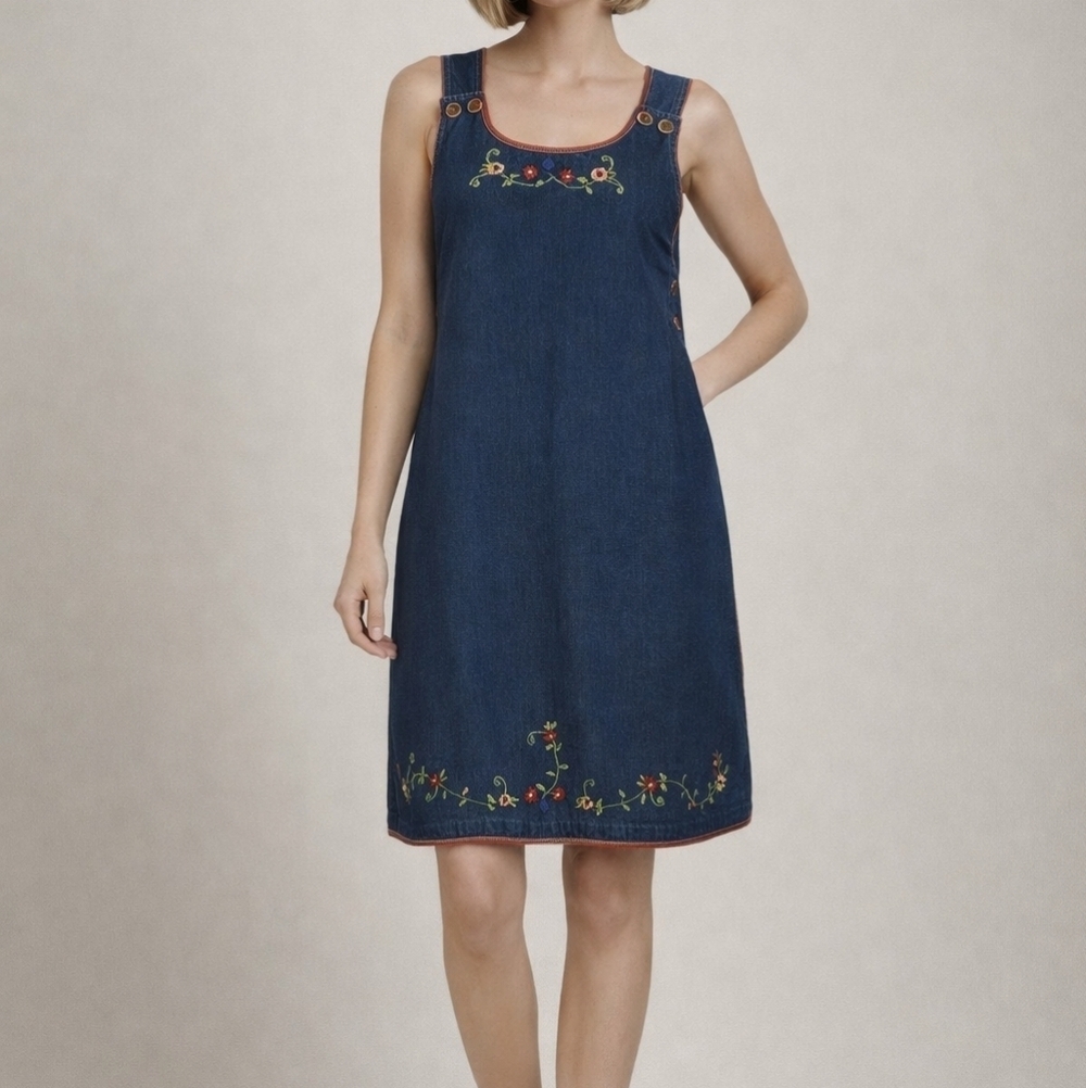 VTG SUN RIVER 1980s Mod Denim Chambray Floral Embroidered Tank Romper Dress
